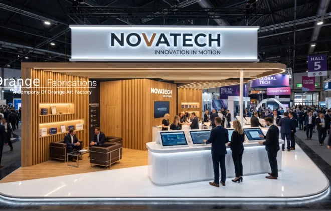 Modern creative stall design with open layout and LED lighting to attract trade show customers