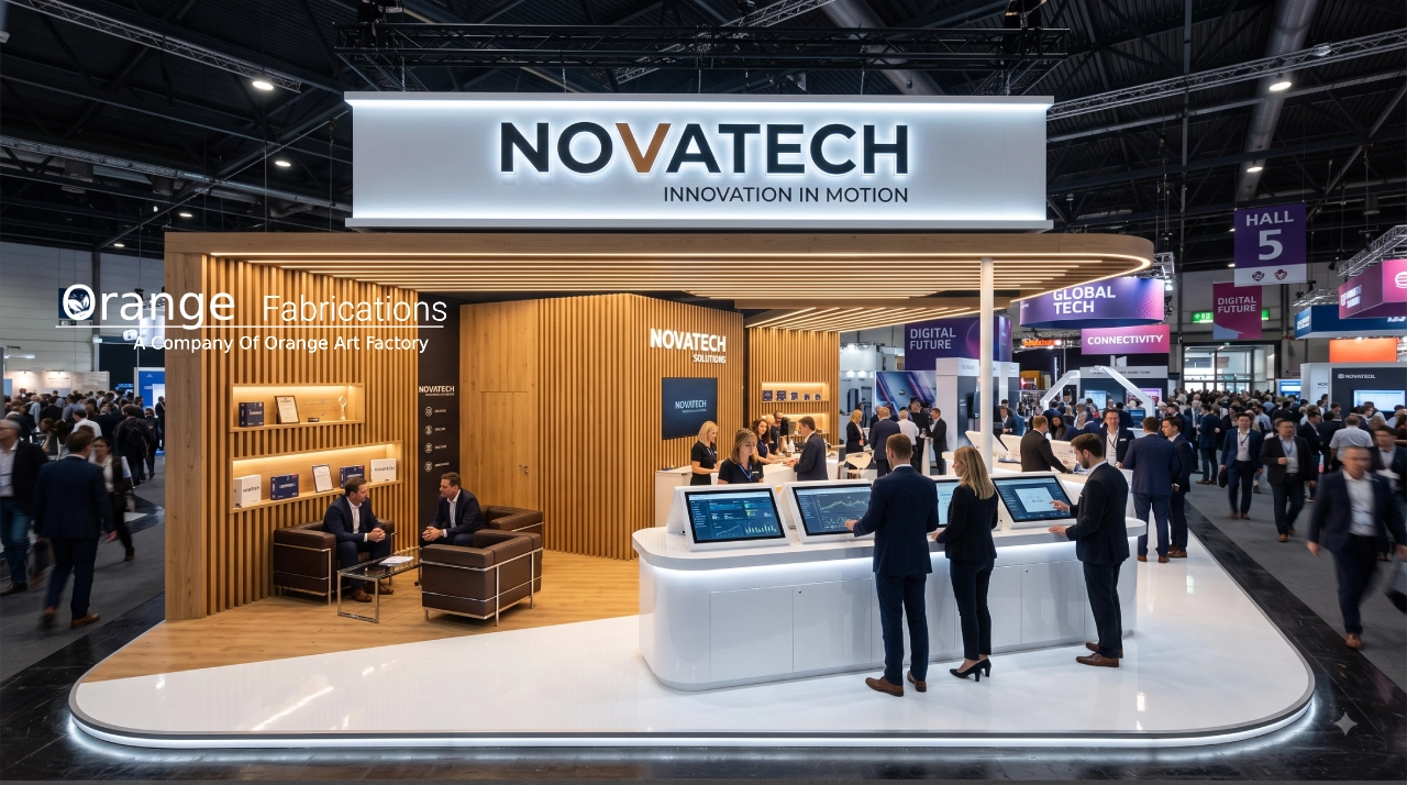 Modern creative stall design with open layout and LED lighting to attract trade show customers
