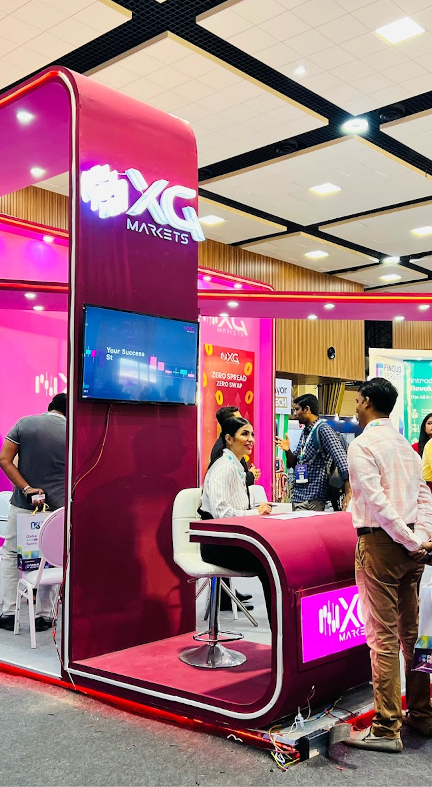 exhibition-stall-fabrication-india this is pink color exhibition fabricated stall.
