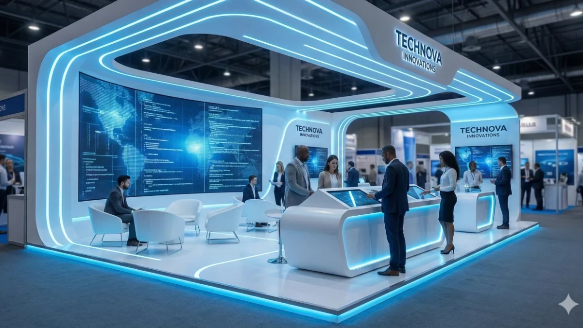 Modern tech exhibition stall design in Bangalore with LED lighting and interactive screens.