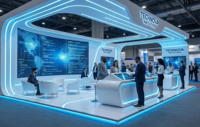 Modern tech exhibition stall design in Bangalore with LED lighting and interactive screens.