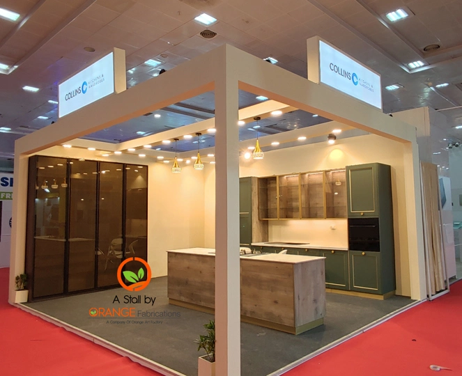 Luxury custom fabricated exhibition stall for Collins Kitchens in Chennai by Orange Stall Fabrication