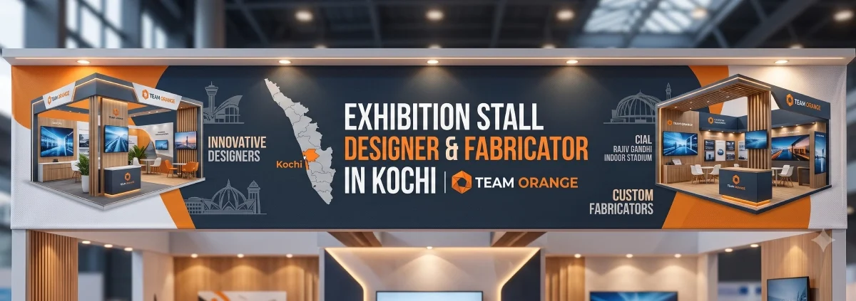 Premium exhibition stall designer and fabricator in Kochi by Team Orange, showing custom trade show booth mockups with CIAL, Adlux, Bolgatty, and Rajiv Gandhi Indoor Stadium venue compliance markers.