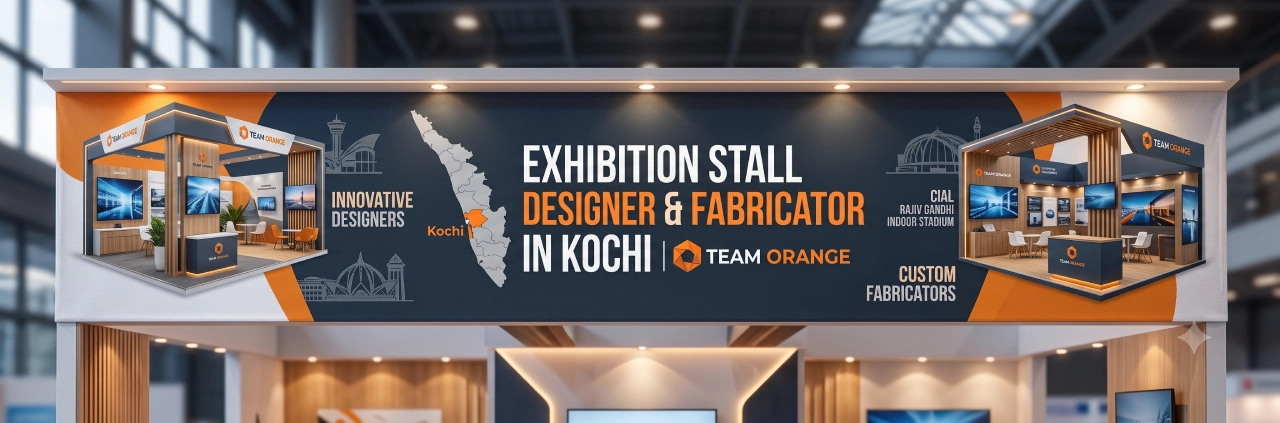 Exhibition Stall Designer & Fabricator in Kochi Premium exhibition stall designer and fabricator in Kochi by Team Orange, showing custom trade show booth mockups with CIAL, Adlux, Bolgatty, and Rajiv Gandhi Indoor Stadium venue compliance markers.