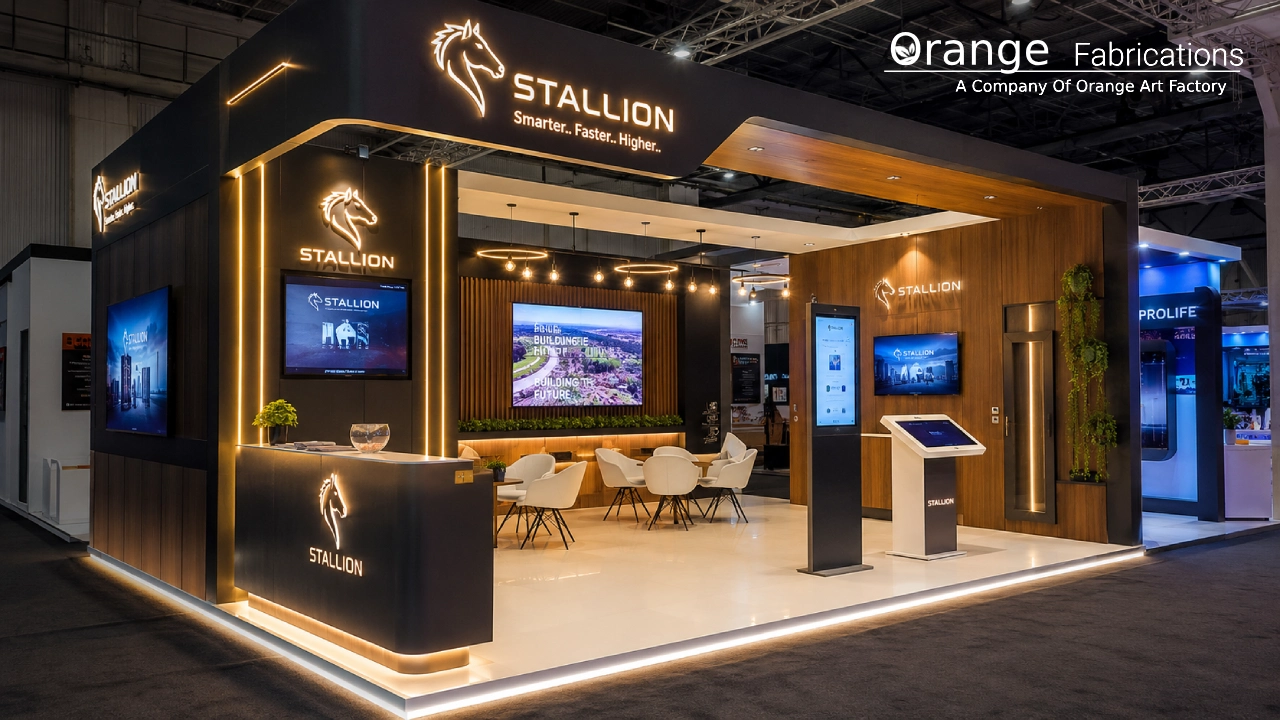 Custom modern trade show booth designed by a professional exhibition stall fabricator in Hyderabad with raised flooring and LED lighting