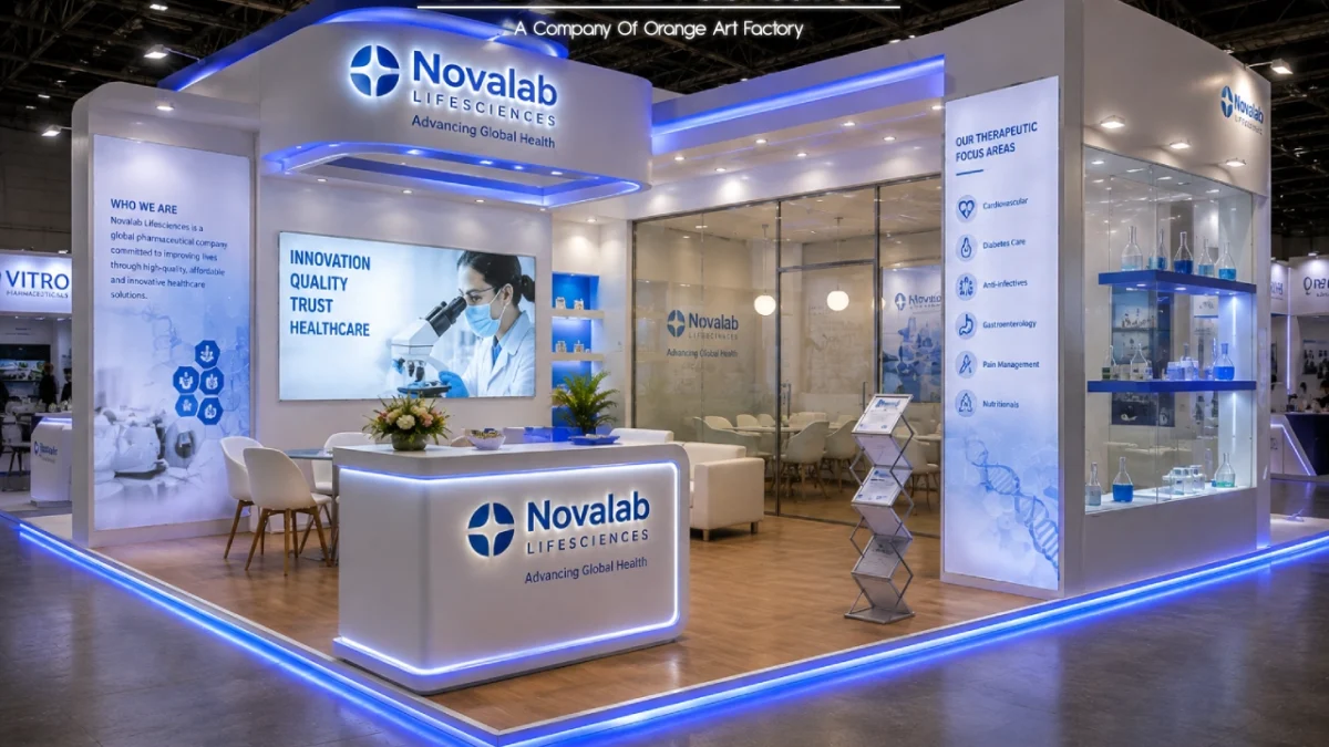 Custom exhibition booth setup built by exhibition booth fabricators for Goa Pharma Expo