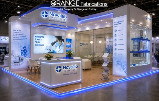 Custom exhibition booth setup built by exhibition booth fabricators for Goa Pharma Expo