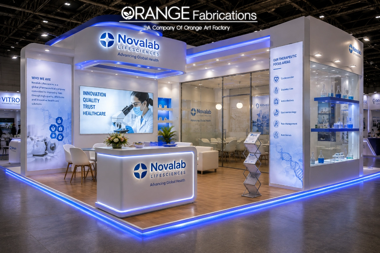 Custom exhibition booth setup built by exhibition booth fabricators for Goa Pharma Expo