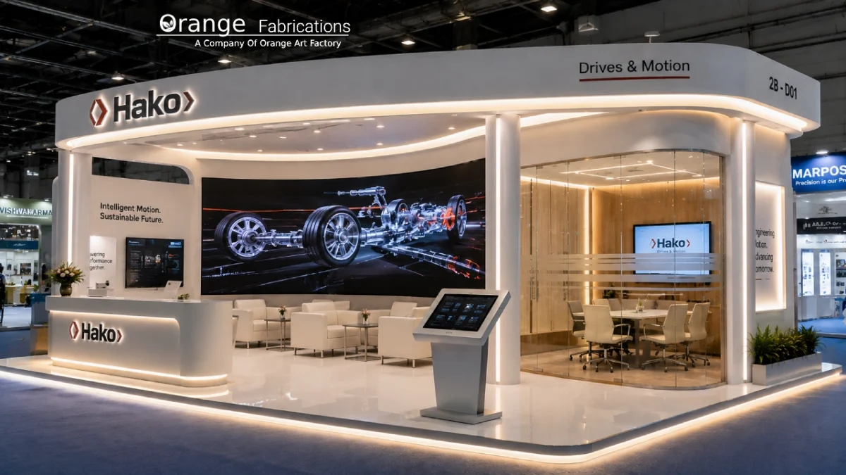 Modern high-gloss trade show booth showing exhibition stall design trends in Chennai with integrated LED video wall
