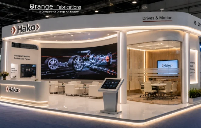 Modern high-gloss trade show booth showing exhibition stall design trends in Chennai with integrated LED video wall
