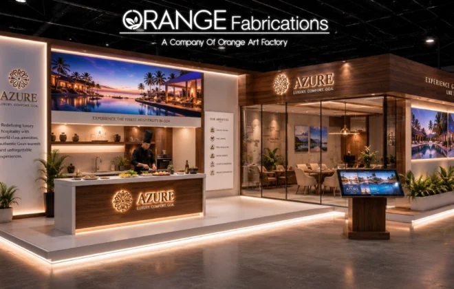 Custom hospitality trade show booth designed by exhibition stall designers for Goa Hospitality Show