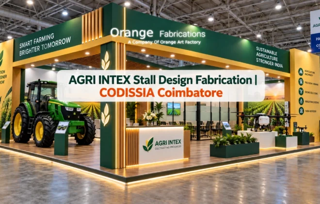 Agricultural machinery exhibition booth built with custom agri intex stall design fabrication at CODISSIA Coimbatore