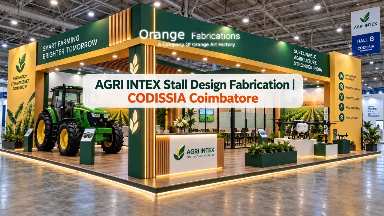 Agricultural machinery exhibition booth built with custom agri intex stall design fabrication at CODISSIA Coimbatore