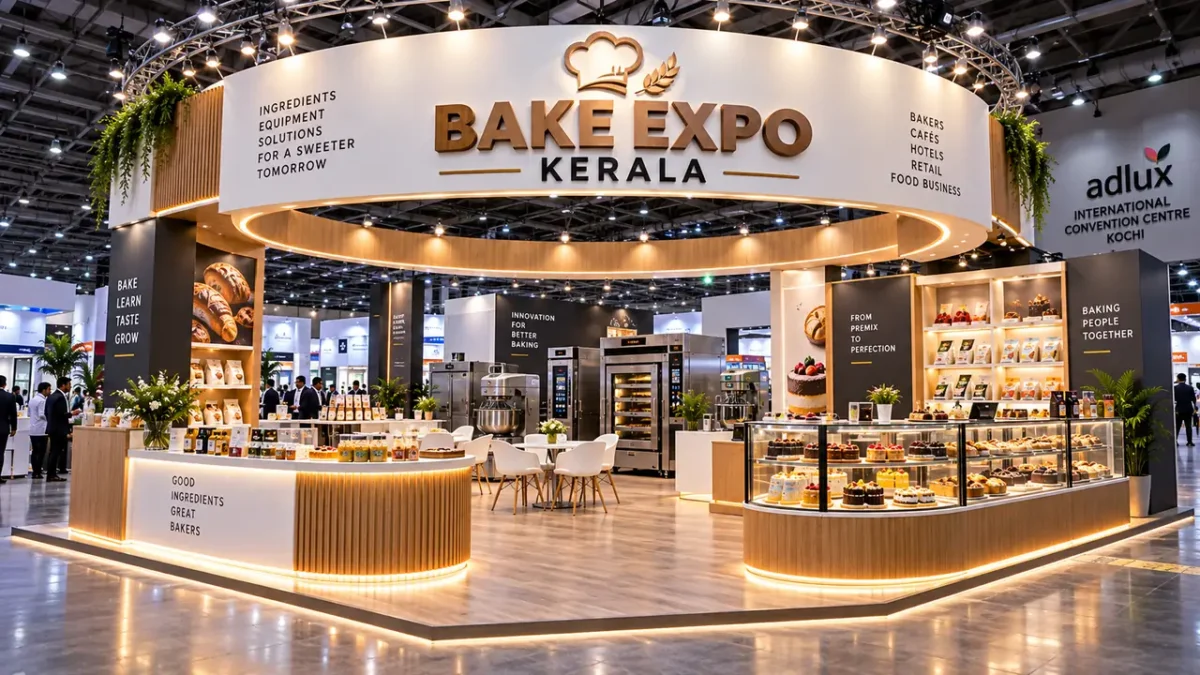 Professional stall fabrication for Bake Expo Kerala at Adlux Convention Centre Angamaly with custom display counters