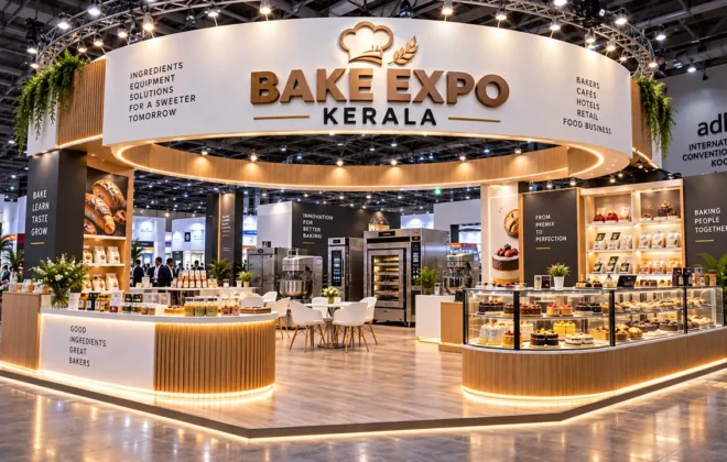 Professional stall fabrication for Bake Expo Kerala at Adlux Convention Centre Angamaly with custom display counters
