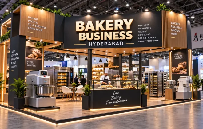 Custom stall fabrication for Bakery Business Hyderabad at HITEX featuring bakery machinery and live demonstration counters