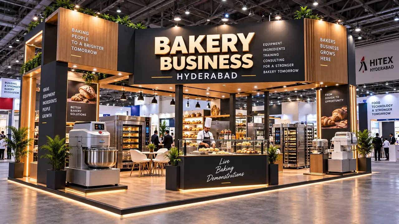 Custom stall fabrication for Bakery Business Hyderabad at HITEX featuring bakery machinery and live demonstration counters