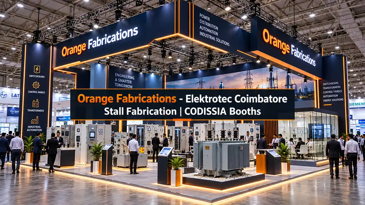 Elektrotec Coimbatore stall fabrication custom electrical booth design CODISSIA by Orange Fabrications