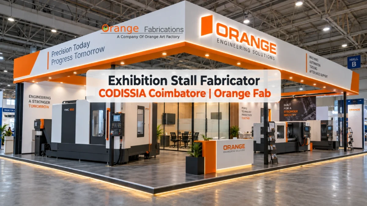 Heavy machinery trade show stall built by an exhibition stall fabricator CODISSIA Coimbatore inside the trade fair complex halls