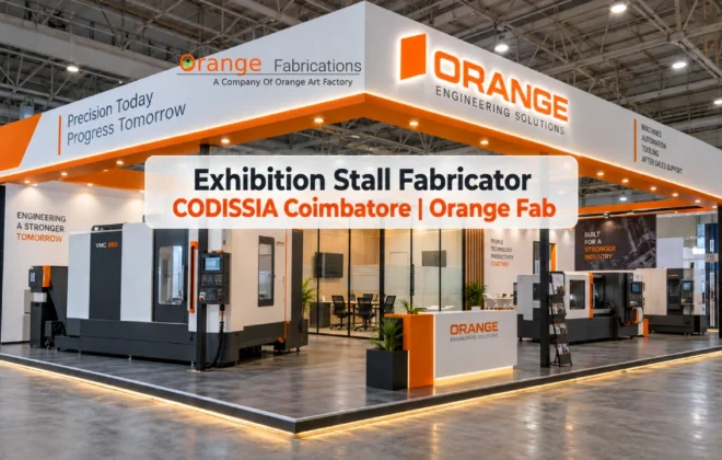 Heavy machinery trade show stall built by an exhibition stall fabricator CODISSIA Coimbatore inside the trade fair complex halls
