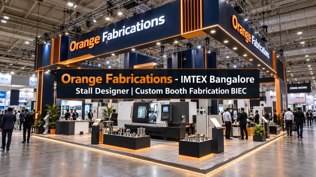 IMTEX Bangalore stall designer custom booth fabrication at BIEC by Orange Fabrications