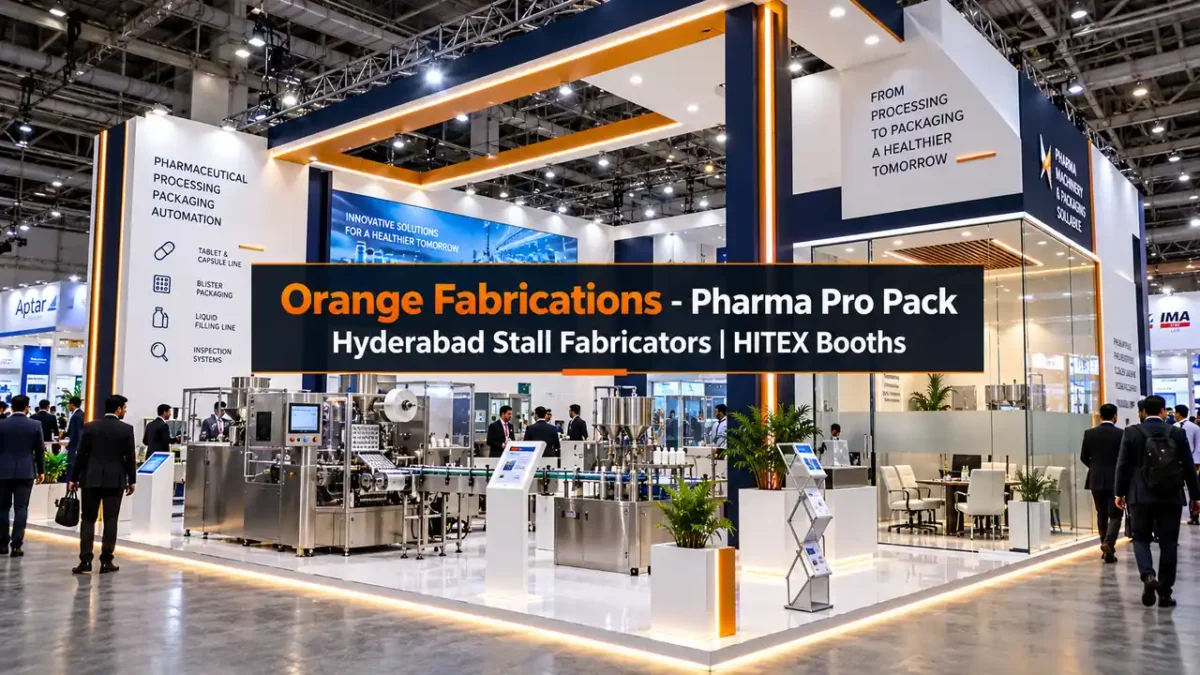 Pharma Pro Pack Hyderabad stall fabricators custom pharma booth design HITEX by Orange Fabrications