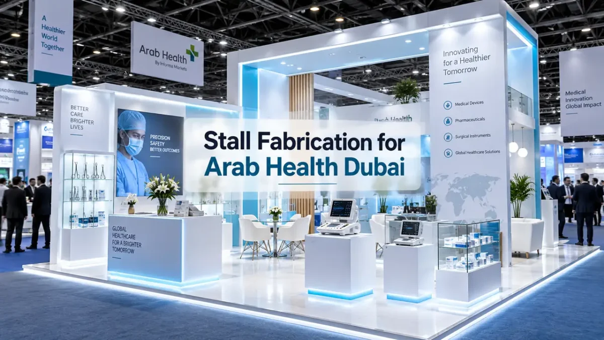 Custom exhibition stall fabrication for Arab Health Dubai at DWTC featuring medical vitrines and B2B meeting lounge