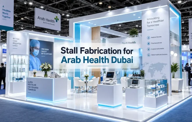 Custom exhibition stall fabrication for Arab Health Dubai at DWTC featuring medical vitrines and B2B meeting lounge