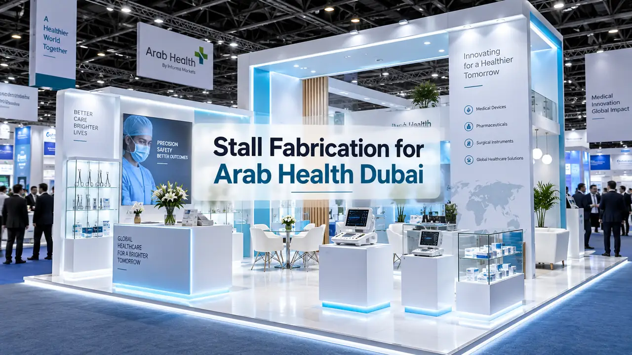 Custom exhibition stall fabrication for Arab Health Dubai at DWTC featuring medical vitrines and B2B meeting lounge