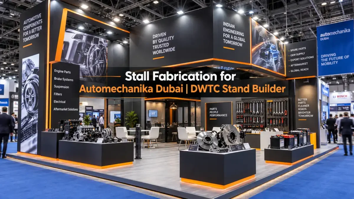 Custom exhibition stall fabrication for Automechanika Dubai at DWTC featuring heavy-duty auto component podiums and B2B meeting lounge