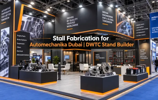 Custom exhibition stall fabrication for Automechanika Dubai at DWTC featuring heavy-duty auto component podiums and B2B meeting lounge