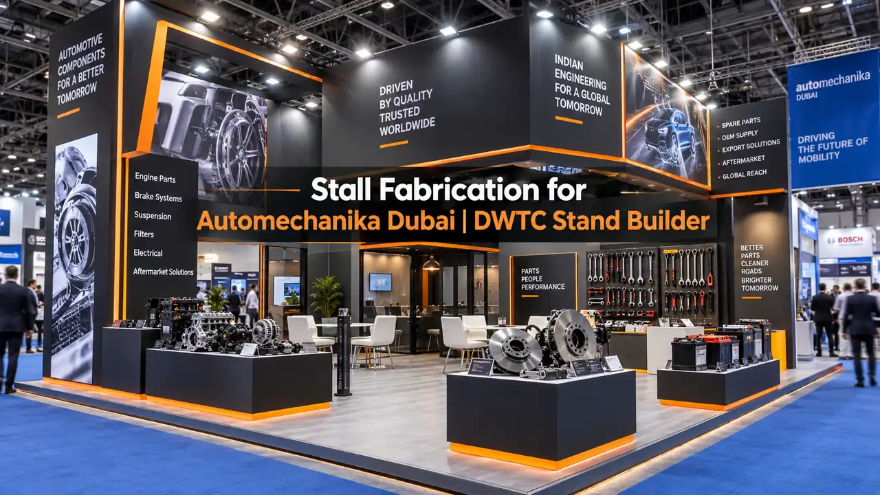 Custom exhibition stall fabrication for Automechanika Dubai at DWTC featuring heavy-duty auto component podiums and B2B meeting lounge