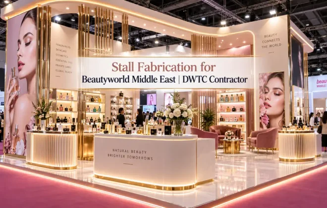 Custom exhibition stall fabrication for Beautyworld Middle East at DWTC featuring illuminated perfumery displays and luxury consultation lounge