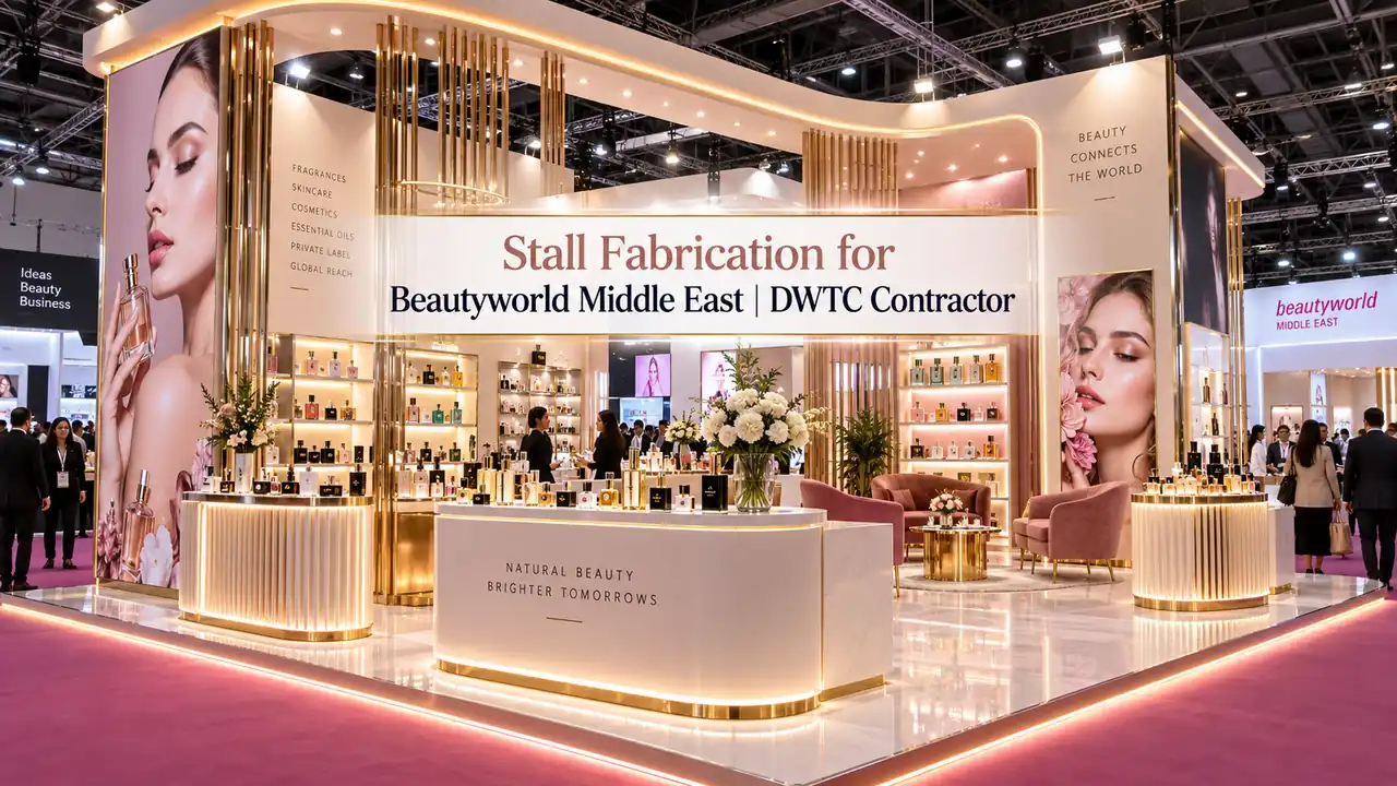 Custom exhibition stall fabrication for Beautyworld Middle East at DWTC featuring illuminated perfumery displays and luxury consultation lounge