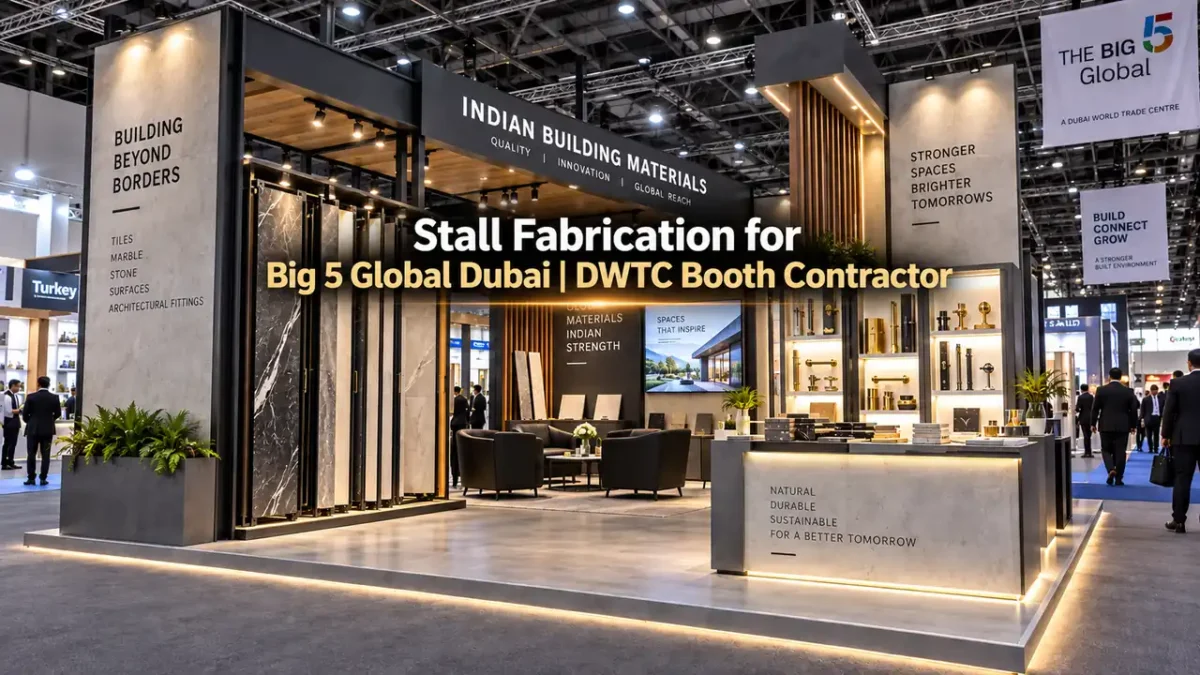 Custom exhibition stall fabrication for Big 5 Global Dubai at DWTC showcasing ceramic tile displays and architectural hardware