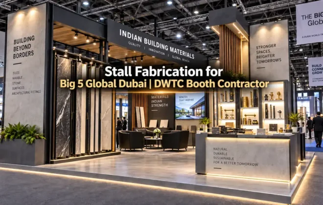 Custom exhibition stall fabrication for Big 5 Global Dubai at DWTC showcasing ceramic tile displays and architectural hardware