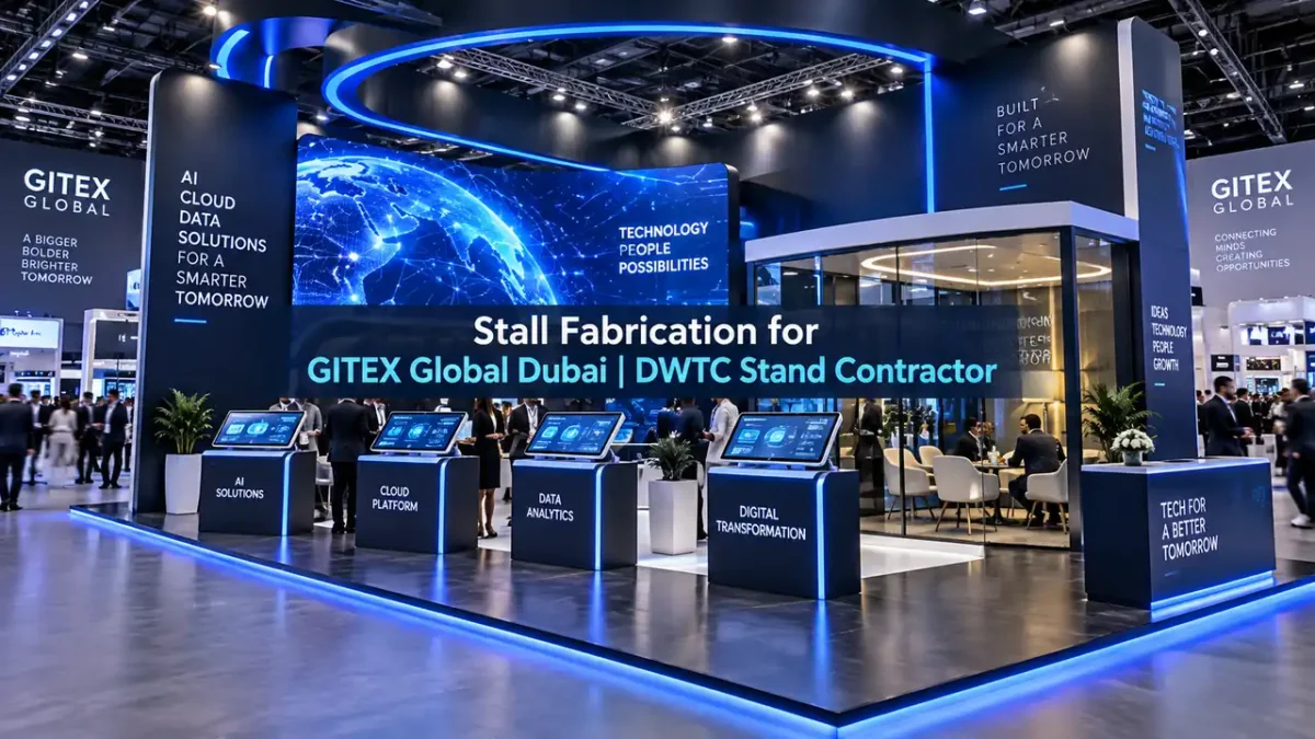 Custom exhibition stall fabrication for GITEX Global Dubai at DWTC featuring curved LED video wall and software demo pods