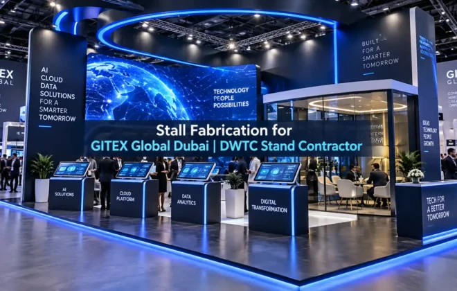 Custom exhibition stall fabrication for GITEX Global Dubai at DWTC featuring curved LED video wall and software demo pods