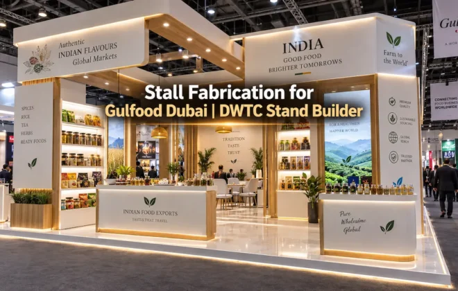 Custom exhibition stall fabrication for Gulfood Dubai at DWTC featuring illuminated food sampling counters and B2B meeting lounge