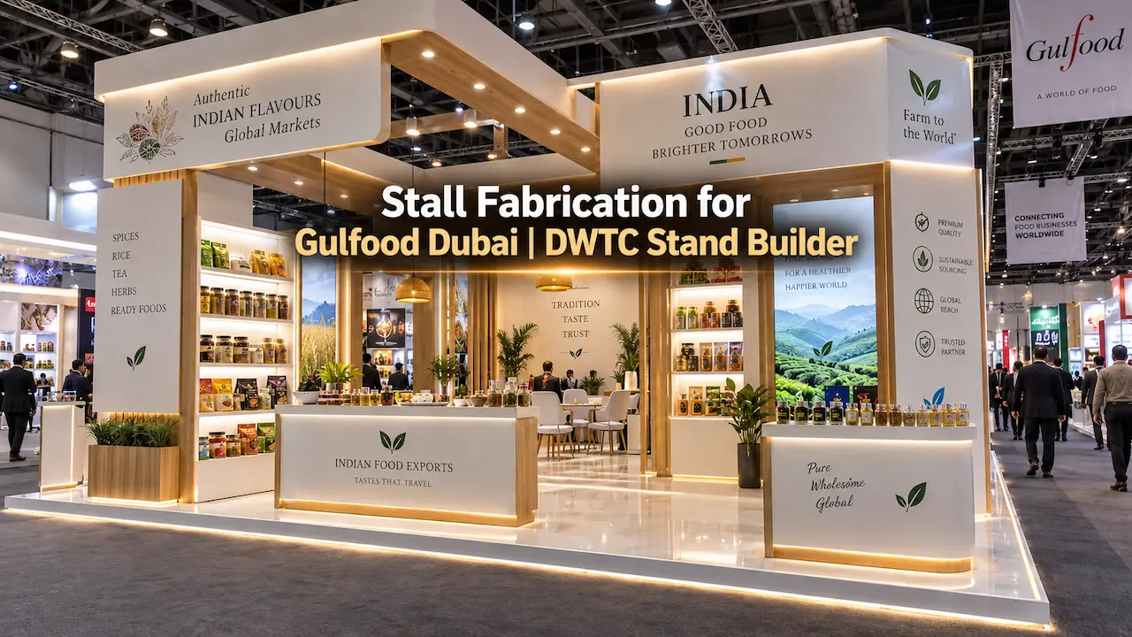 Custom exhibition stall fabrication for Gulfood Dubai at DWTC featuring illuminated food sampling counters and B2B meeting lounge