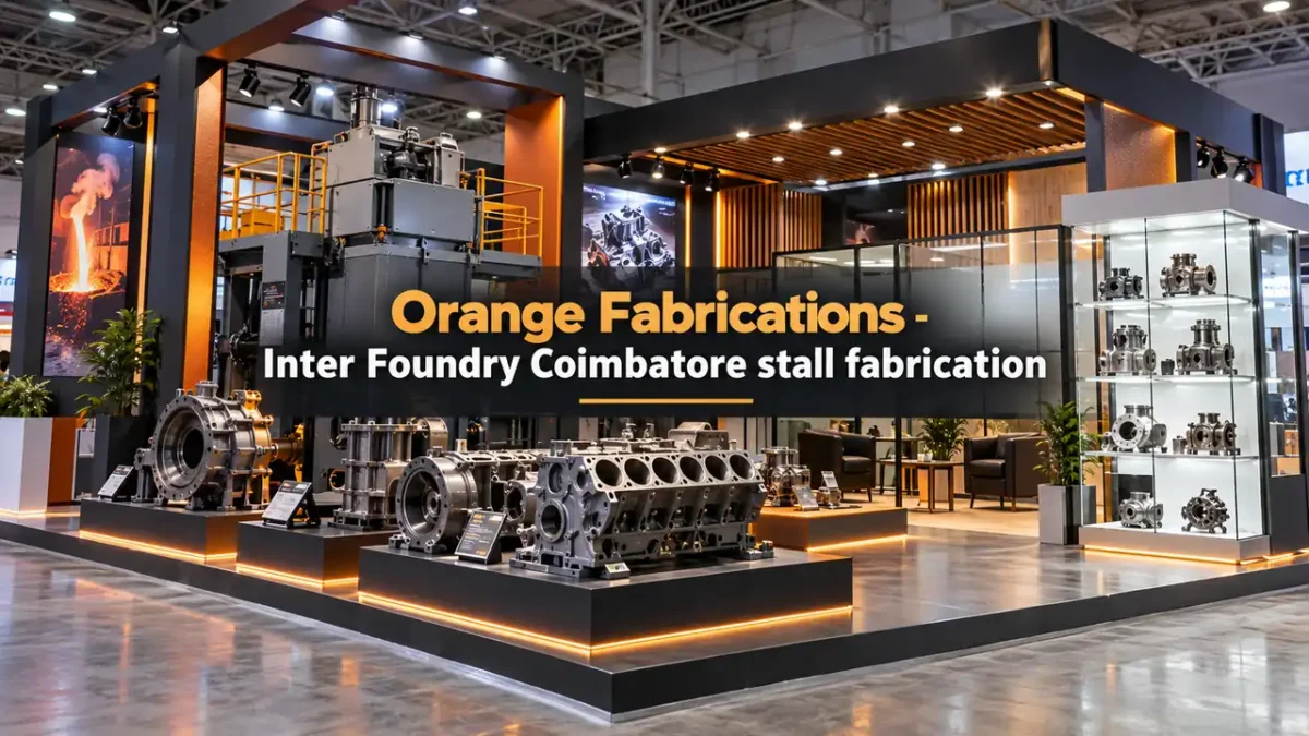 Inter Foundry Coimbatore stall fabrication with heavy casting machinery plinths and VIP meeting lounge at CODISSIA