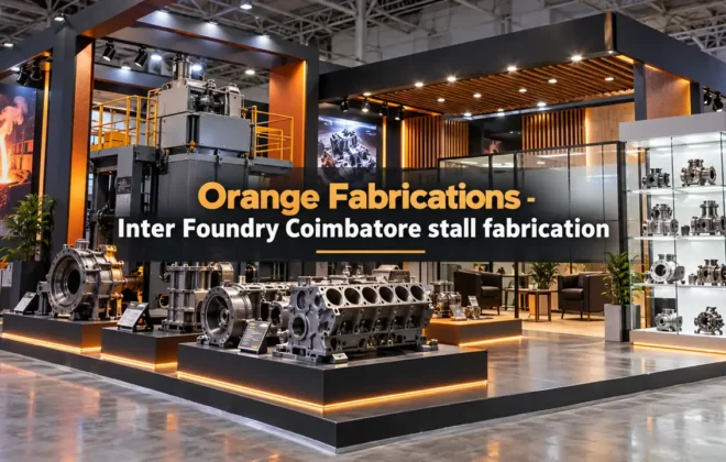 Inter Foundry Coimbatore stall fabrication with heavy casting machinery plinths and VIP meeting lounge at CODISSIA