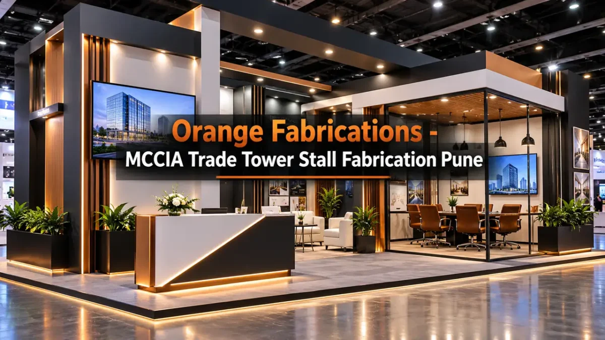 MCCIA Trade Tower stall fabrication Pune custom corporate booth with digital display and VIP meeting lounge on Senapati Bapat Road