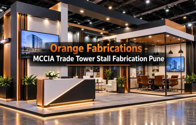 MCCIA Trade Tower stall fabrication Pune custom corporate booth with digital display and VIP meeting lounge on Senapati Bapat Road