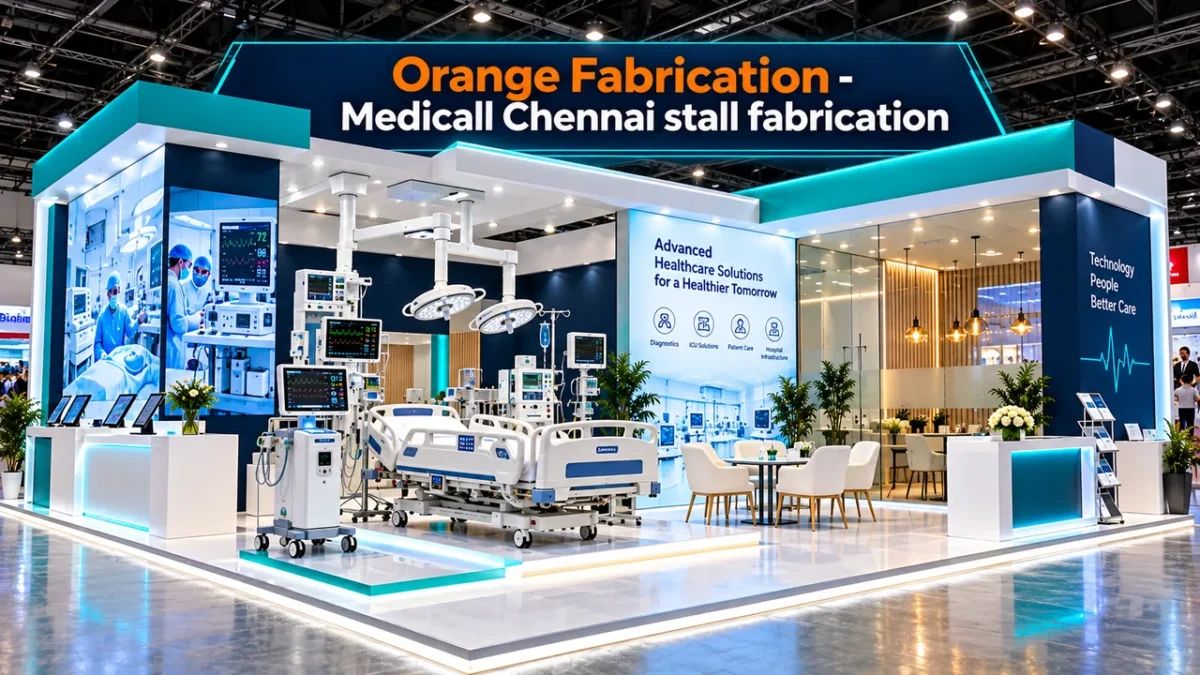 Medicall Chennai stall fabrication with illuminated medical diagnostic display stage and VIP hospital boardroom at Chennai Trade Centre