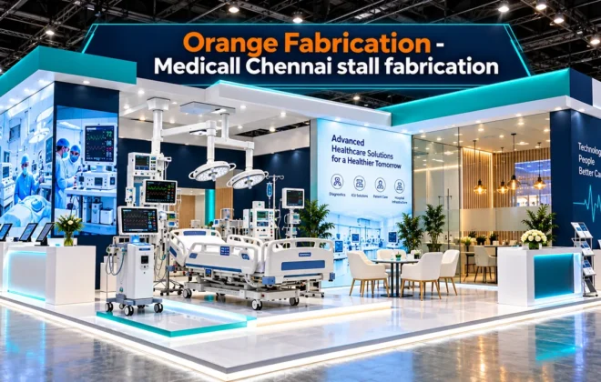Medicall Chennai stall fabrication with illuminated medical diagnostic display stage and VIP hospital boardroom at Chennai Trade Centre