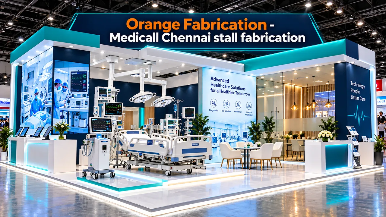 Medicall Chennai stall fabrication with illuminated medical diagnostic display stage and VIP hospital boardroom at Chennai Trade Centre