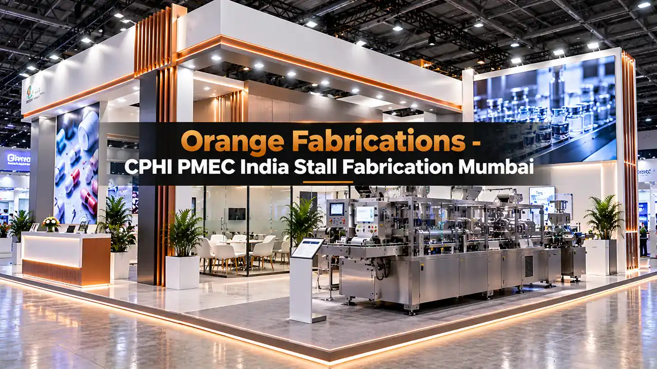 CPHI PMEC India stall fabrication Mumbai custom pharmaceutical machinery booth with glass VIP meeting cabin at NESCO BEC Goregaon