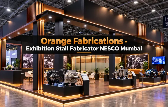 Exhibition stall fabricator NESCO Mumbai constructing custom booth with overhead cantilever pylon and executive meeting lounge at BEC Goregaon
