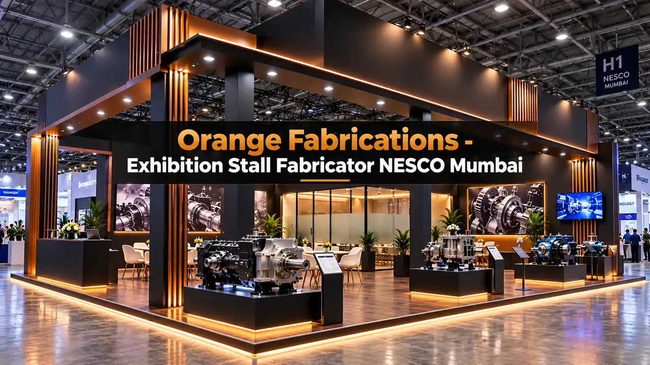 Exhibition stall fabricator NESCO Mumbai constructing custom booth with overhead cantilever pylon and executive meeting lounge at BEC Goregaon
